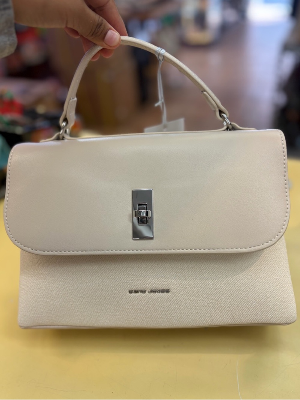 Structured Cream Top-Handle Satchel with Silver Turn-Lock